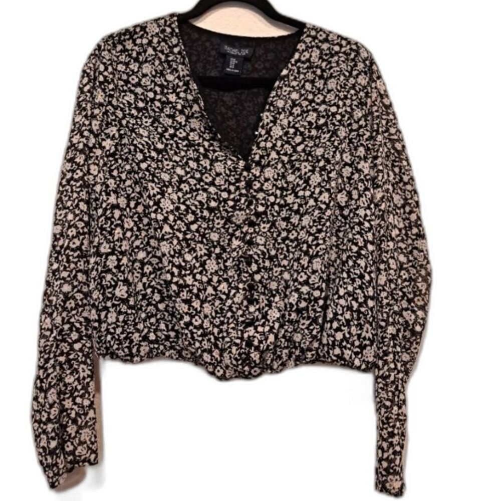 Rachel Zoe Floral Long Sleeve Top Black & Cream, Shiny Gold Flecks Women's sz M